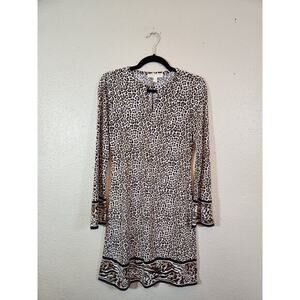Michael Kors Women Leopard Print Round Neck Long Sleeve Shift Midi Dress Size XS